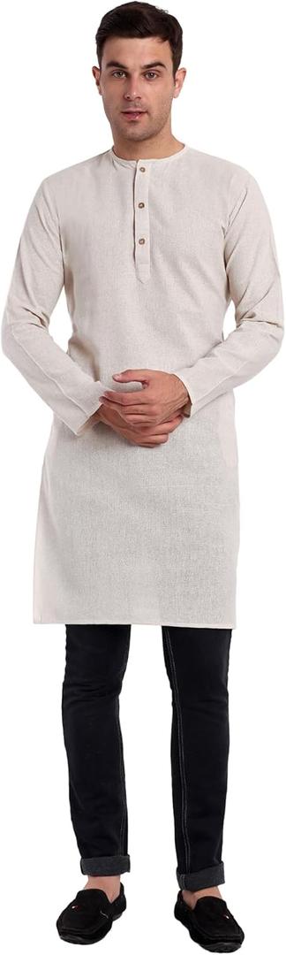 SKAVIJ Mens Handloom Cotton Kurta Long Sleeve Henley Shirt Crewneck Casual T-Shirts (Beige, L)