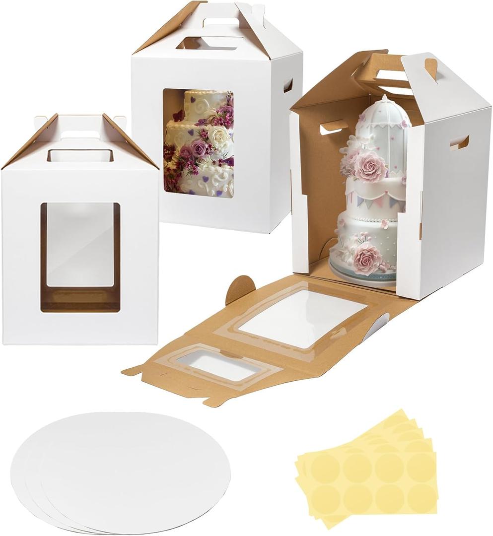 3 Pack Tall Cake Boxes 14x14x16 Inches with Cake Board - Large Disposable Layer Baking Carrier Tier Bakery Take Out Transport Containers With Window for Wedding, Birthday, Party White