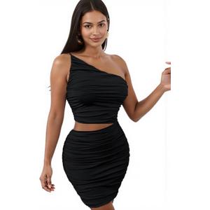 Womens One Shoulder Ruched Cutout Sleeveless Bodycon Dresses Slant Shoulder Stretch Cocktail Party Mini Dresses (Black, S)