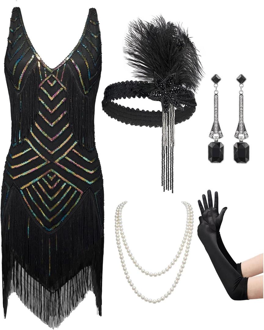 SWEETV Womens 1920s Flapper Dress,V Neck Great Gatsby Fringe Cocktail Dress with 20s Accessories Set-Roaring 20s Costume (Small, Black)