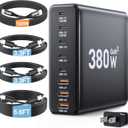 380W USB C Charger Block,with 4 USB Cables 8-Port USB C Charging Station Dual 100W Laptop Charger Fast Charger Type C Charging Block for MacBook Pro, Dell XPS, iPhone, iPad, Tablet (Bright Black)