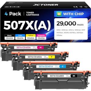 507X 507A Toner Cartridge Set 4-Pack High Yield Replacement for HP 507X 507A CE400X CE401A CE402A CE403A Compatible with HP Color LaserJet Enterprise 500 Color M551 M551dn M570dn M570dw M575fw Printer