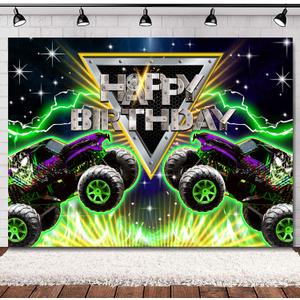 SVBright Truck Birthday Backdrop 7Wx5H Monster Green Car Grave Digger Birthday Party Light Racing Car Vehicle Jam Boys Decorations Photography Background Banner Photo Booth Studio