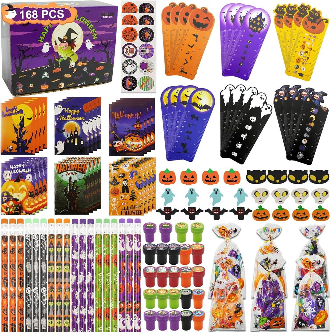 168 PCS Halloween Party Favors 24 Pack Assorted Halloween Stationery Set for kids Trick or Treat Gifts for Party Classroom School Supplies Prizes Rewards Halloween Goodie Bag Stuffers