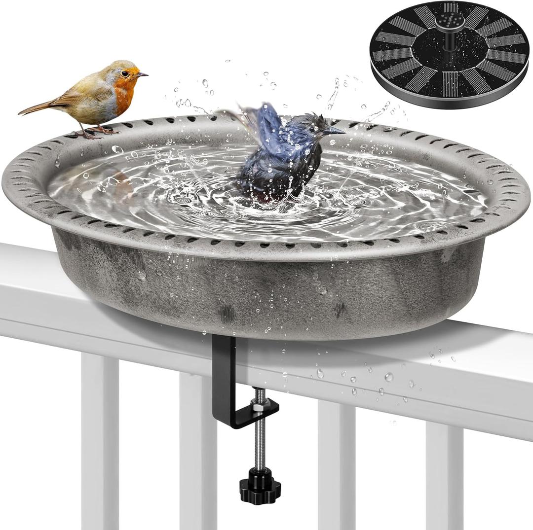 VIVOHOME Deck Mounted Oval Polyresin Bird Bath with Solar Fountain, Adjustable Clamp for Railings up to 3.9 Inch, Capacity 1.3 Gallons for Patio, Gardens, Yard, Deck, Gray