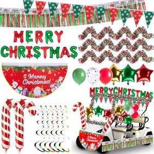 65 Pcs Christmas Golf Cart Decorations Kit, Red Green White Xmas Parade Car Decoration, Merry Christmas Pleated Fan Flag Tinsel Garland Candy Canes Balloon Foil Curtains for Holiday Parade Party Decor