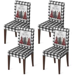 Horaldaily 4PCS Christmas Dining Chair Covers, Black Buffalo Plaid Trees Stretch Removable Washable Slipcover Chair Protector for Dining Room Home Decor