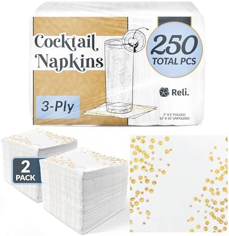 Reli. (250 Count) Cocktail Napkins 3-Ply, White and Gold Beverage Napkins | Disposable | 5 x 5 in. for Small Party, Bar, Wedding | Use for Coffee, Dessert (White/Gold)