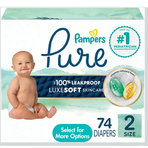 Pampers Pure Baby Diapers, Size 2, Up to 100% Leakproof, Premium Hypoallergenic Soft Diapers, 1 Pack (Count of 74)