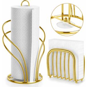 Paper Towel Holder Countertop, Stainless Steel Paper Towel Roll Holder and Paper Napkinholder Set, Standing Paper Towel Roll Holder Stand with Weighted Base Suction Cups (Gold)
