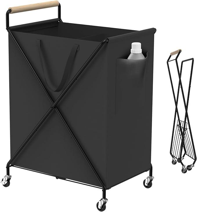 Foldable Metal Laundry Basket with Wheels, 2-Section Rolling Laundry Hamper, 37 Gallons (140L), Only 4LB, Removable Liner, Steel Frame with Handle