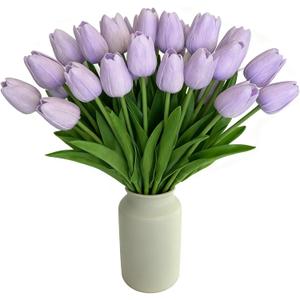 Purple Faux Tulips Real Touch (20 Pcs) - 13.5 Inch Premium PU Artificial Flowers for Valentine's Day, Spring & Easter Home Decor, Wedding Bouquet