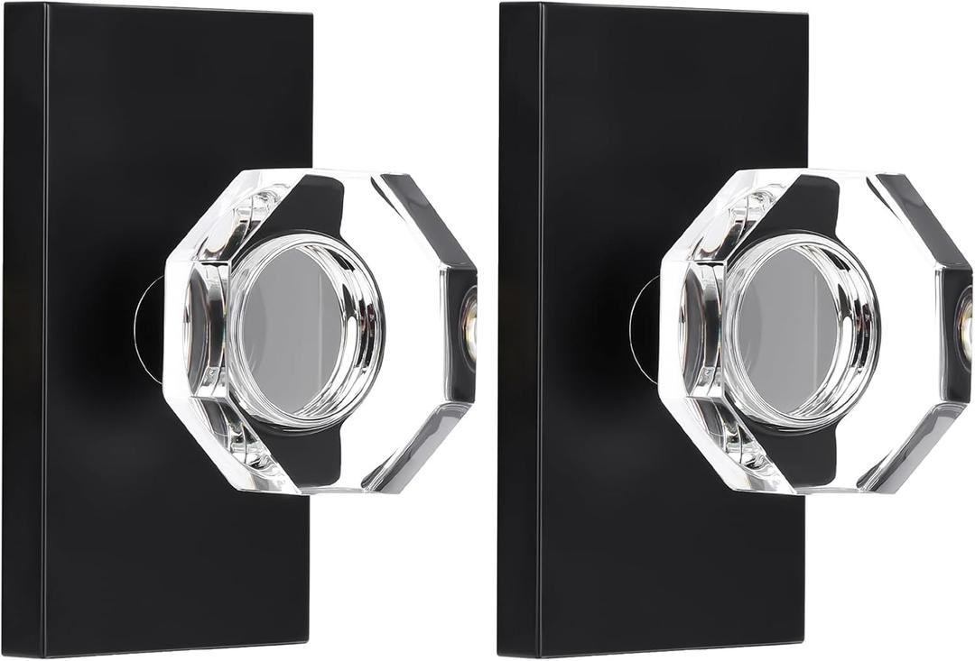 Octagon Glass Crystal Half Dummy Door Knob Matte Black, No-Turning Bifold and Closet Door Knobs,2 Pack