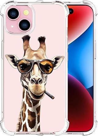 Compatible with iPhone 14 Plus Case for Women Girls Girly Cute Designer Phone Protector Clear with Design Transparent,Giraffe in Glasses Smoking Animal