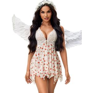 Avidlove Women Lace Lingerie Front Closure Babydoll V Neck Nightwear Sexy Chemise Nightie (4X-Large, Strawberry Print)