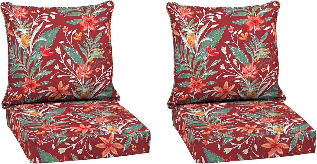 Arden earthFIBER Outdoor Deep Seat Cushion Set (2-Pack), 24 in x 24 in, Weather-Proof, Rain-Proof, Fade Resistant Patio Cushion for Chair, Sofa, and Couch Luau Red Tropical Floral