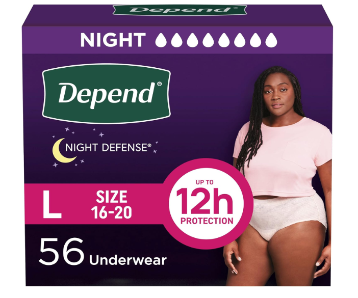 Depend Night Defense Adult Diapers, Incontinence & Postpartum Bladder Leak Underwear for Women, Disposable, Overnight, Large, Blush, 56 Count (4 Packs of 14)