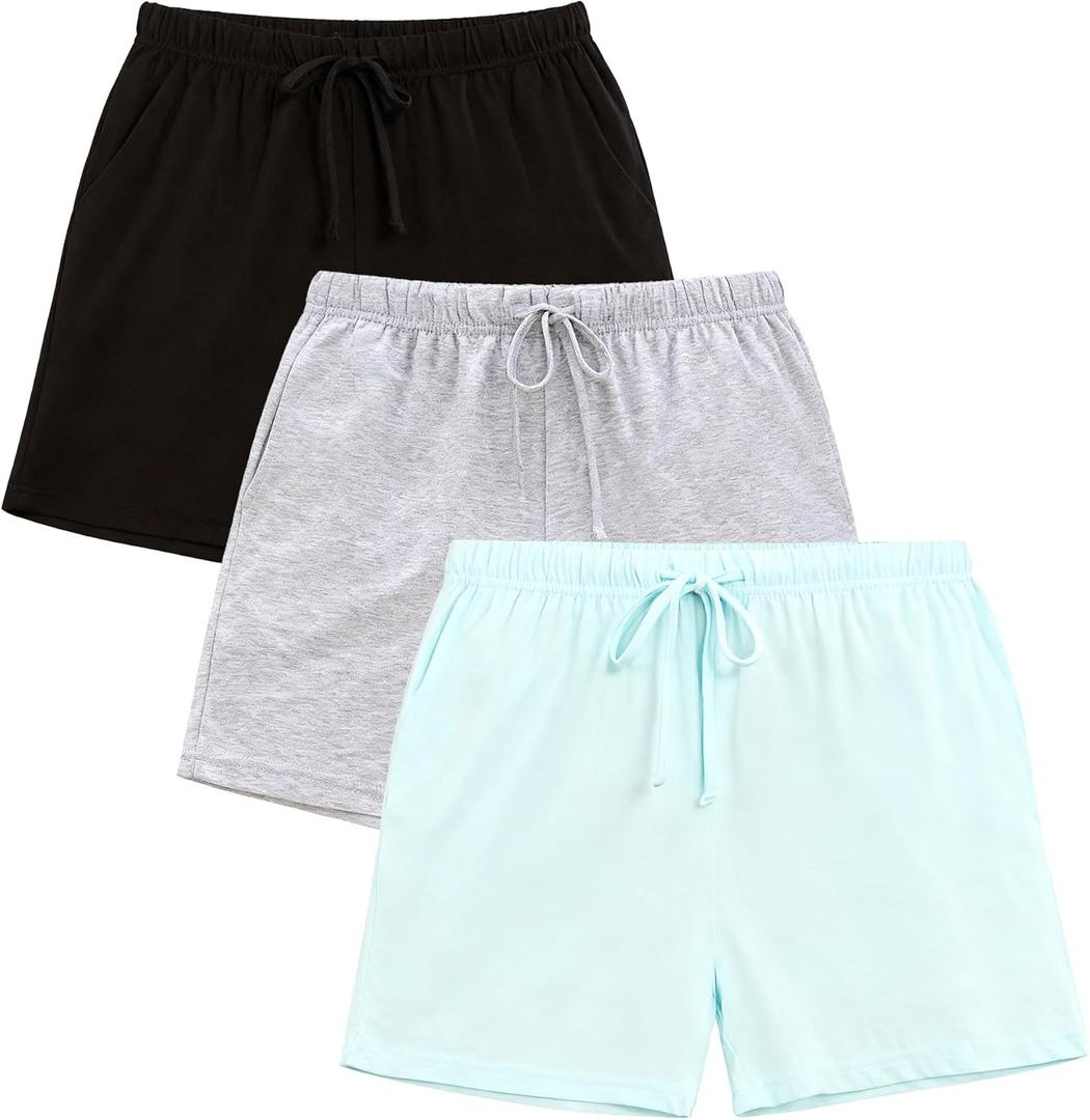 U2SKIIN 3 Pack Pajama Shorts for Women Lightweight Pj Bottoms with Pockets & Drawstring Lounge and Sleep Breathable (Medium, Black+light Grey Mel. +Sky Blue)