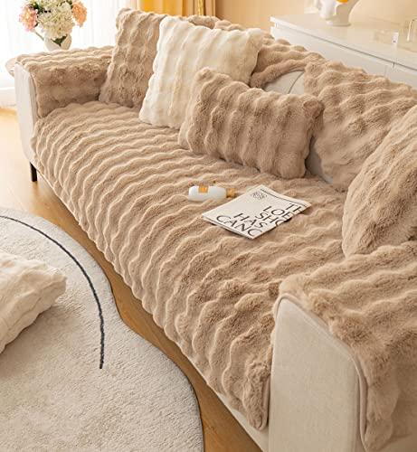 XSlive Soft Warm Faux Fur Couch Sofa Cover Thick Shaggy Fuzzy Sectional Couch Cover Non-Slip Solid Color Plush Sofa Slipcover Furniture Protector for Kids, Pets (Coffee,28"x28")