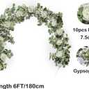 6FT Artificial Eucalyptus Garland with Flowers, 10 White Roses Baby Breath Garland Floral Greenery for Wedding Party Centerpiece Table Runner Backdrop Wall Decor Decoration