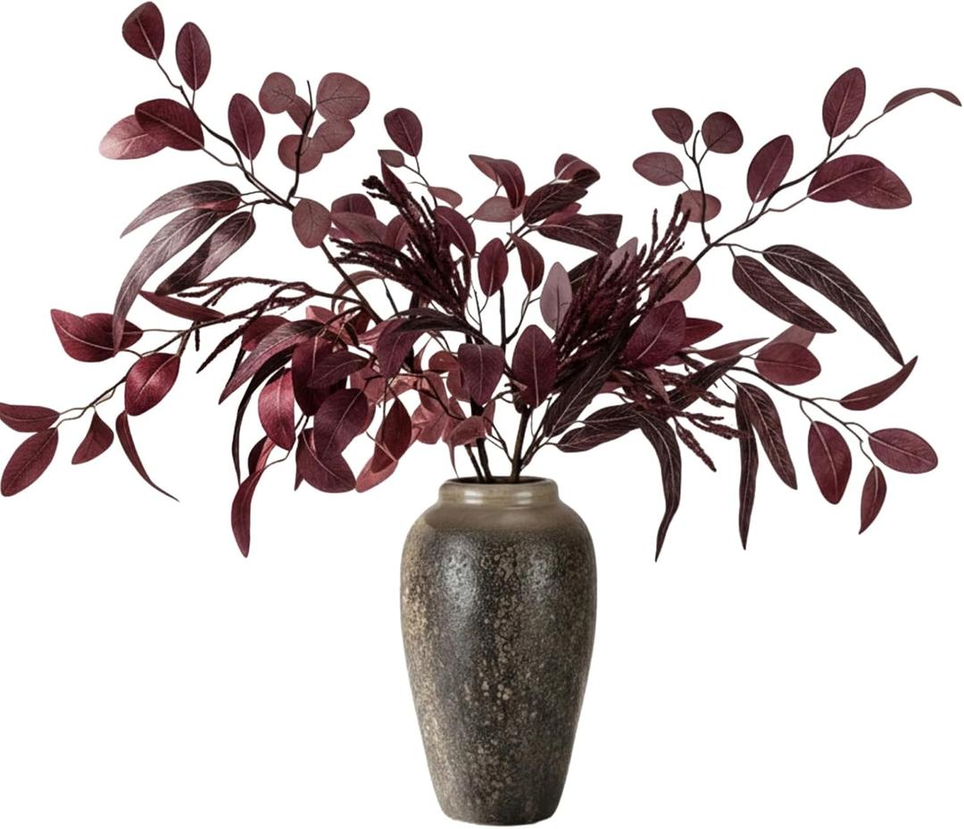 3 Pcs 30" Fall Burgundy Floral Stems Fall Red Artificial Flowers Burgundy Eucalyptus Stems Faux Flowers Greenery Autumn Plants Floral Branches for Vase Bouquet Arrangement Centerpiece Wedding