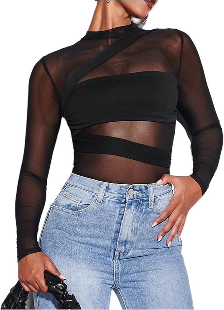 Milumia Women's Mesh Sheer Bodysuit Tops Crew Neck Long Sleeve Going Out Rave Leotards, Medium