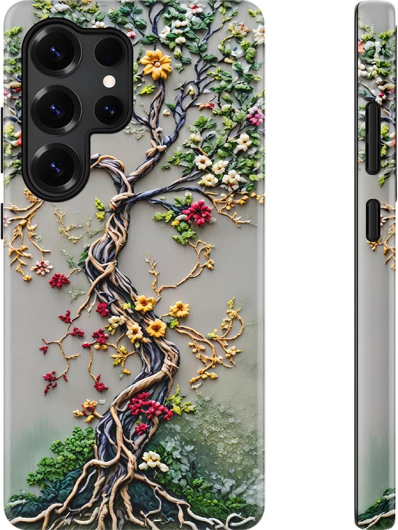 Esdot for Samsung Galaxy S23 Ultra Case - Wireless Charging Compatible  Dual-Layer Soft Silicone + Hard Shell - Wildflower Design - Protective Phone Cover for Women Girls - Tree of Life