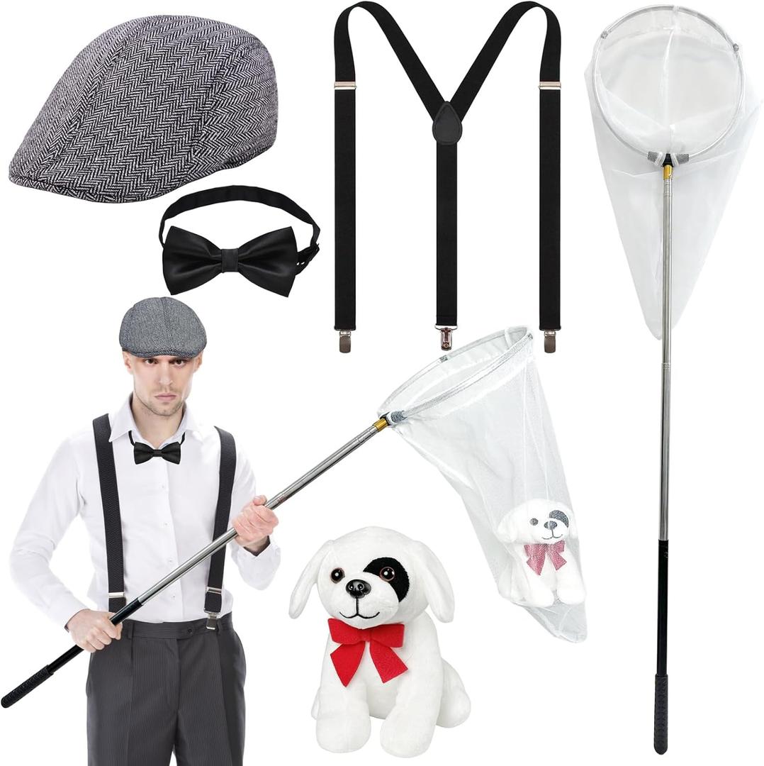 5 Pcs Dog Catcher Costume Men Include Herringbone Tweed Flat Cap, Adjustable Suspender, Dalmatian Dog Catcher Costume for Adult Couple Men Halloween Cosplay Party