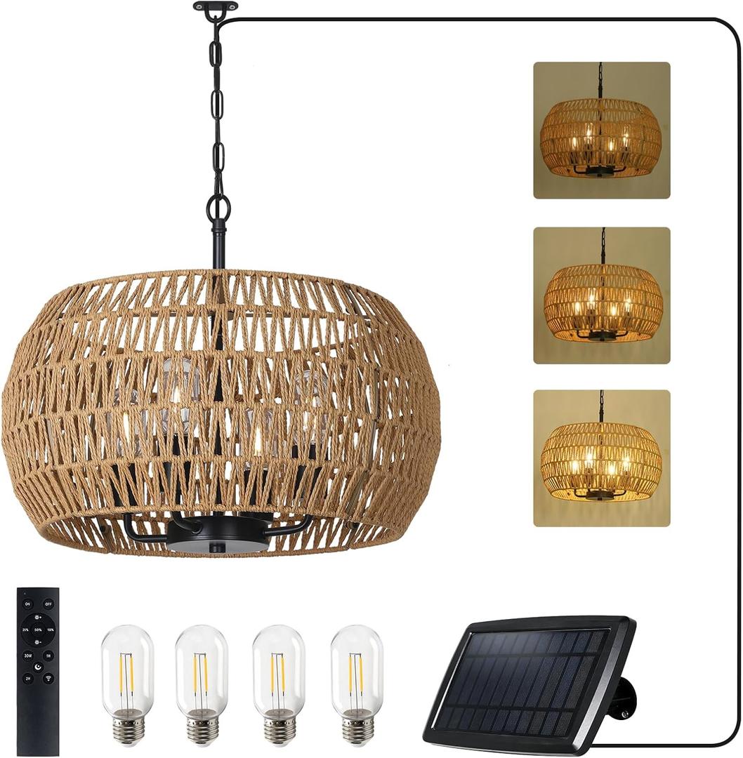 Solar Lights Outdoor Chandelier with Remote & Dimmable LED Bulb, Rattan Solar Powered Outdoor Lights for Patio, Indoor Boho Hanging Pendant Light Fixture, Garden Lights for Porch Gazebo Patio Yard