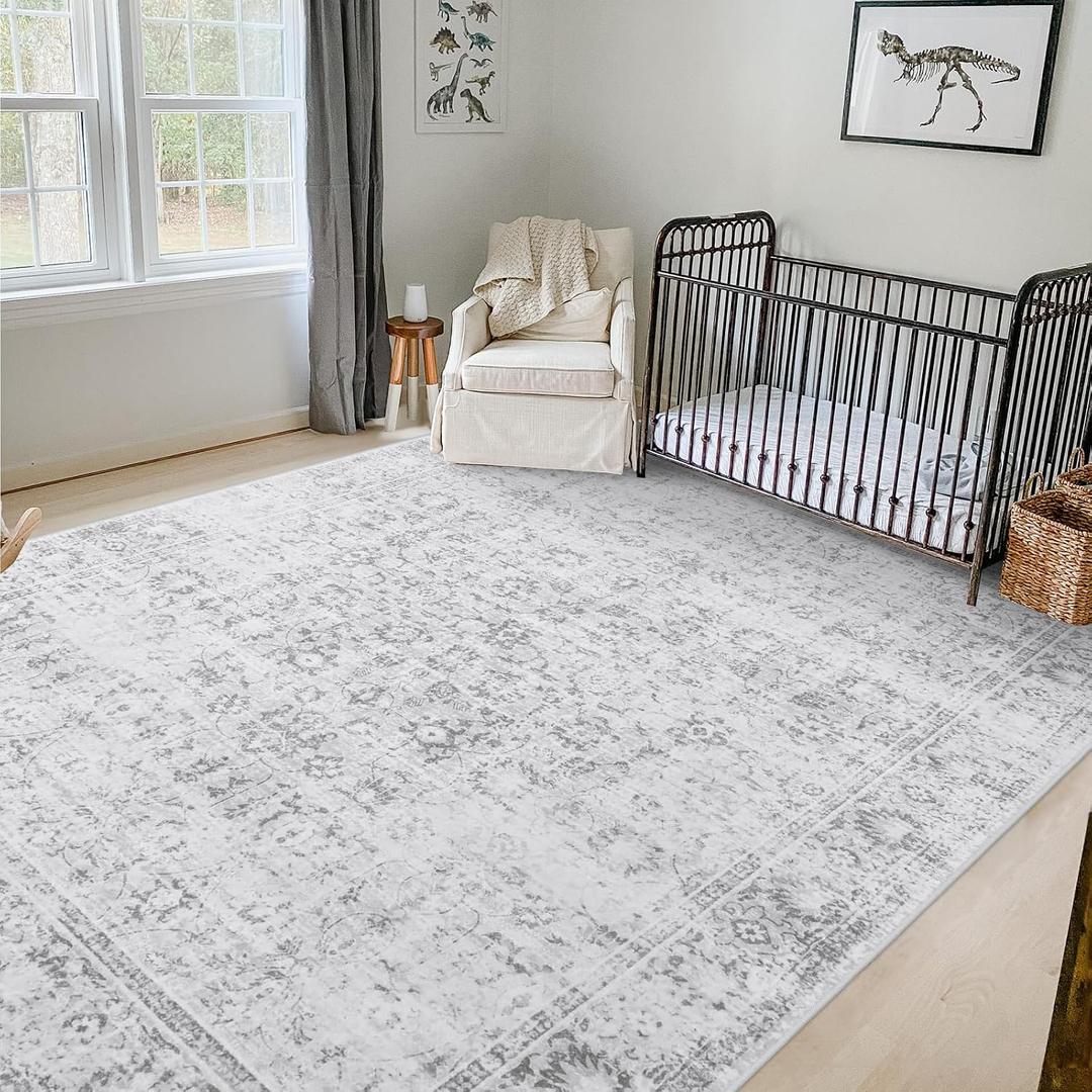 LIVEBOX Washable Area Rug 8x10 - Large Boho Living Room Rug Vintage Grey Rugs for Bedroom, Non-Slip Retro Floral Carpet Print Distressed Accent Rugs for Dining Room Home Office