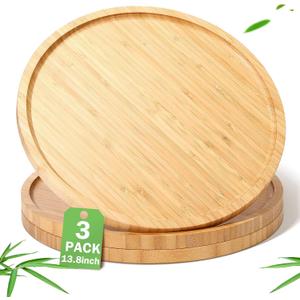 Meanplan 3 Pcs Charcuterie Board Bulk Round Wood Trays Bamboo Serving Platter with Rim Polished Wooden Vegetable Platter for Holding Fruit Bread Pizza Party Decor (13.8 Inch)