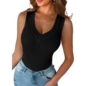 miduo Womens Casual Slim Fit V Neck Ribbed Knit Tanks Tops Sleeveless T Shirts Blouses L