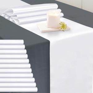 P Pothuiny 12 Pcs White Satin Table Runner 12 x 72 Inch Long Smooth Wedding Table Runners for Banquets, Graduations and Birthday Party Decoration