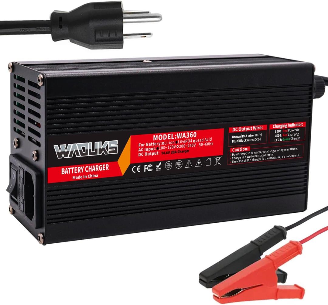 14.6V 20A Charger 12V 20A Smart Charger Used for 4S 12V LiFepo4 Battery Charger with Cooling Fan Aluminum Case Output Alligator Clip