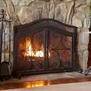 Plow & Hearth Metal Fireplace Screen Crest Black | 44" W x 33" H | Dual Magnetic Hinged Doors | Spark Guard Cover | Stand Alone Wrought Iron Panel Fire Place Cover