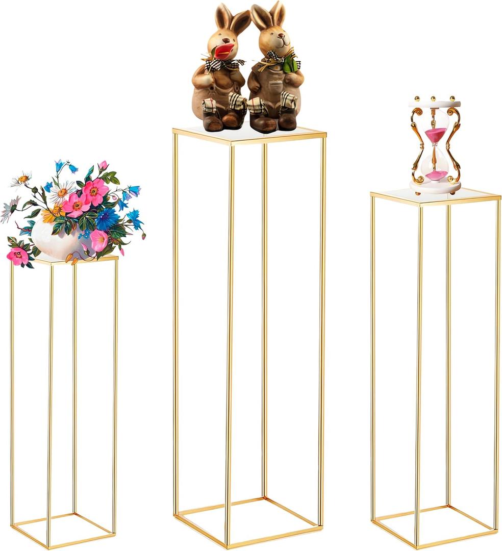 3PCS Cylinder Pedestal Stands for Parties, Square Gold Metal Plant Cylinder Stands for Party Flowers, Display Columns Pedestal Stand Cylinder Tables for Vases Birthday Party Decorations