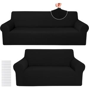Peryiter 2 Pcs Sofa Covers Couch and Loveseat Covers Set Stretch Sofa Slipcover for Living Room Armchair Furniture Protector, Wrinkle Proof(Black,Jacquard)
