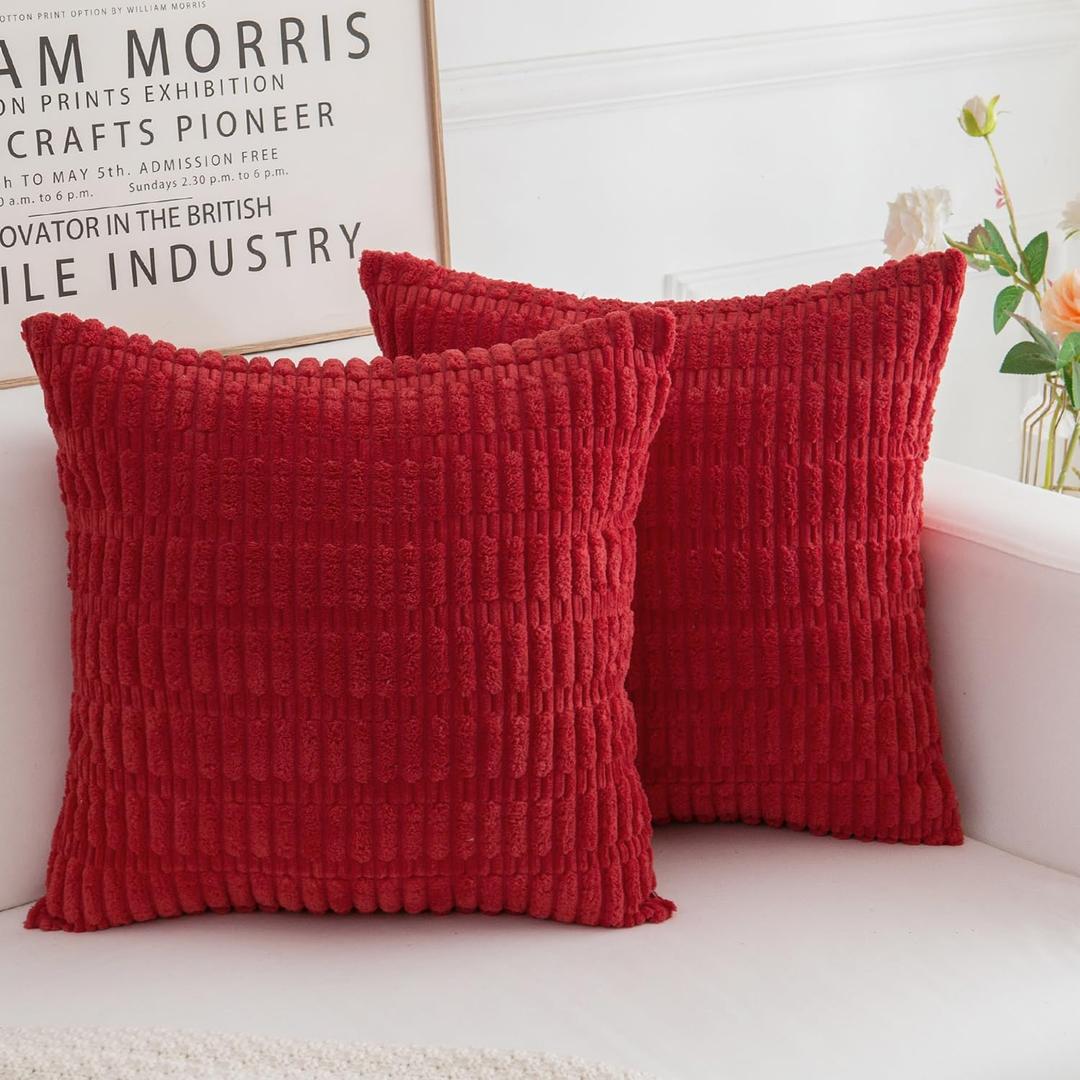 Corduroy Christmas Decorative Throw Pillow Covers, Boho Stripe Soft Square Cushion Case Home Decor for Living Room Couch Bed Sofa, Set of 2 Pack, Red, 18x18 Inch
