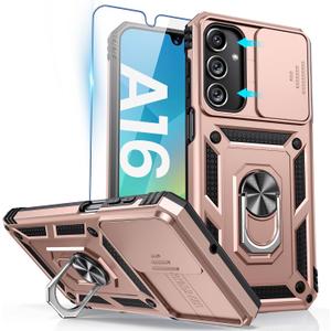 Goton Compatible with Samsung Galaxy A16 5G Case with Camera Cover & Kickstand Ring with Tempered Glass Screen Protector, Military Grade Shockproof Protective Bumper Cover Rose Gold