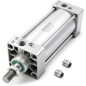 Baomain Pneumatic Air Cylinder SC 63 x 100, PT 3/8 Port, 2-1/2" Bore, 3.94" Stroke, Single Rod Double Acting, M16x1.5 Threaded Rod, with 2X Push-in Fittings