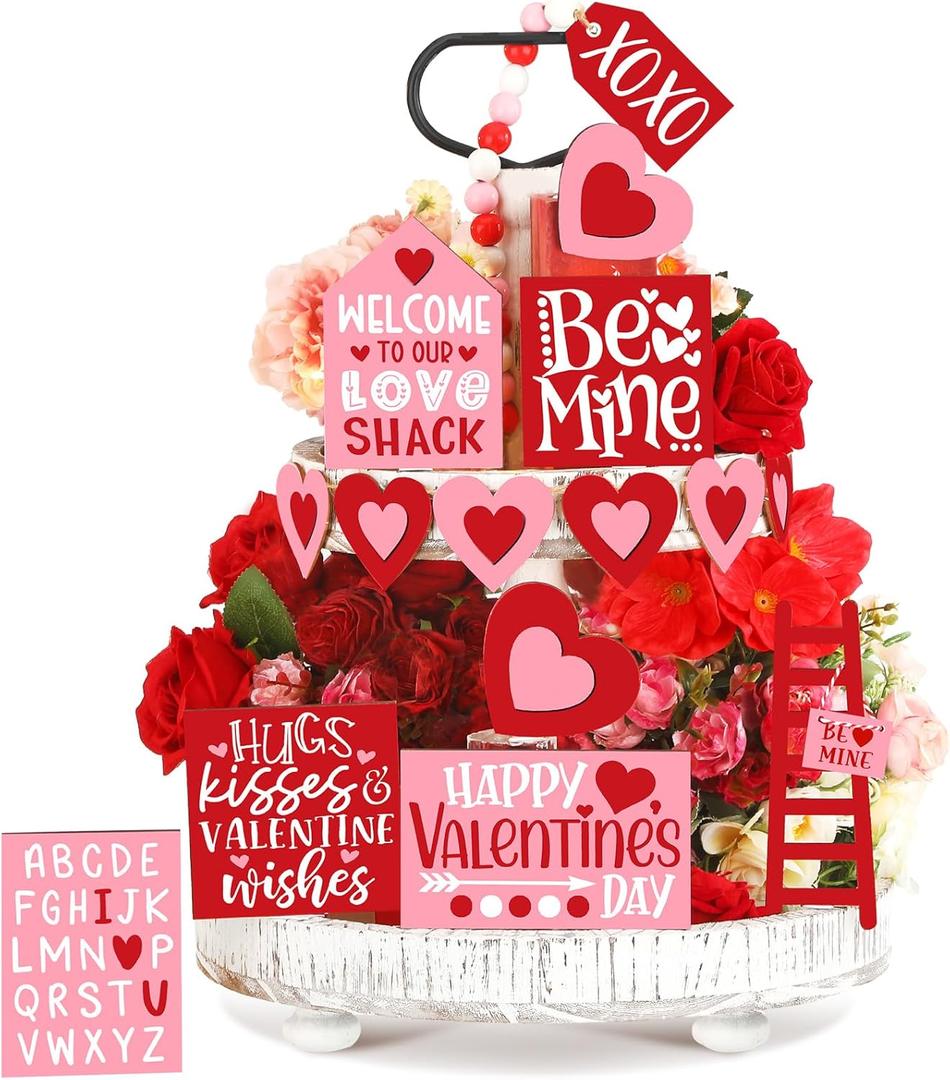 Pickmesh 21 Pcs Valentine Tiered Tray Decor Set Valentine Table Decorations Conversation Heart Wooden Decoration Farmhouse Valentines Day Decorations Heart Wooden Signs for Home(Pretty)