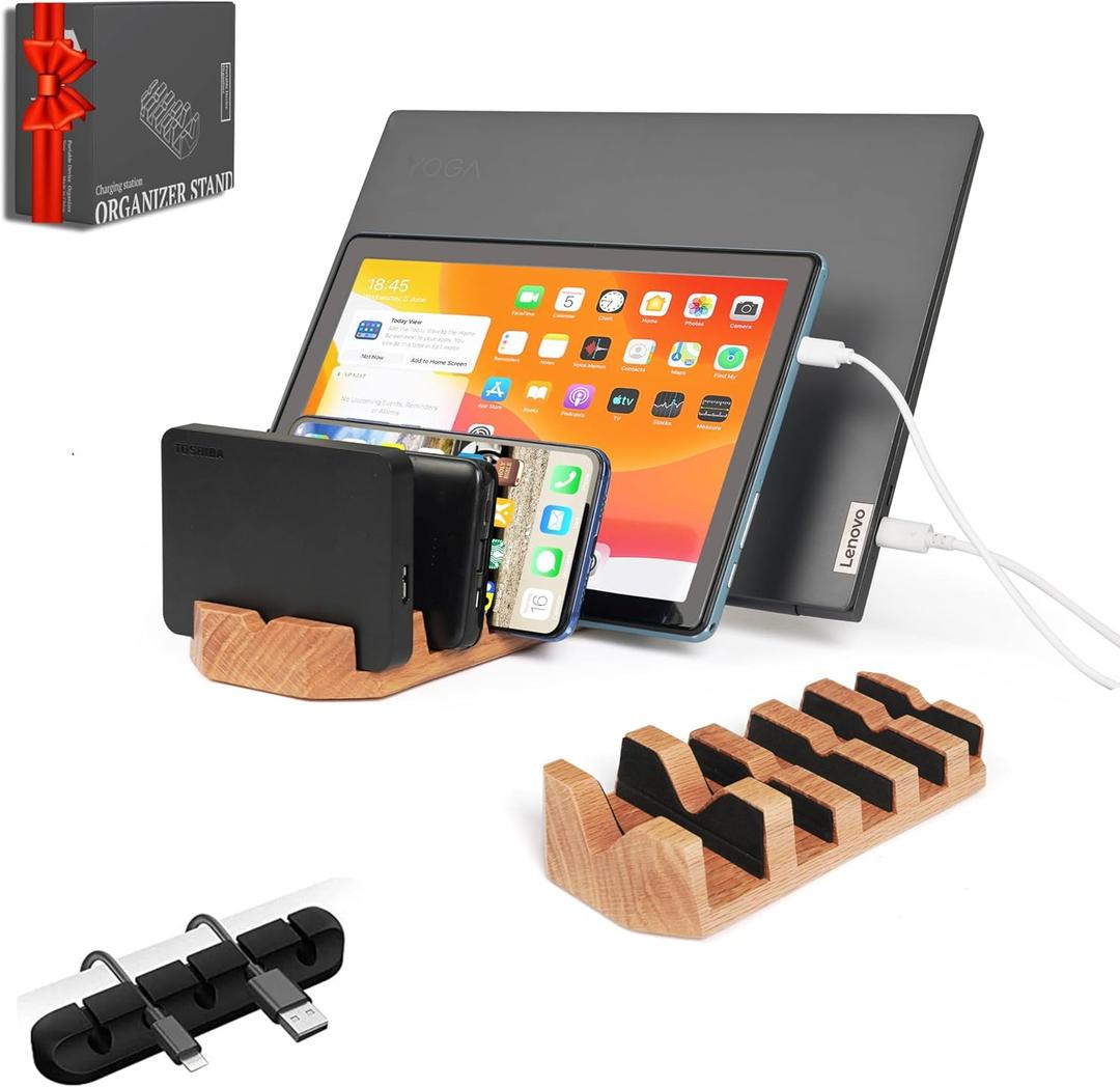 Oak Multi-Device Organizer with Cord Organizer and Anti-Scratch Pads Accessories Set  Vertical Stand for Laptops, Tablets, Phones, and External Hard Drives  Desk Station Dock for Home Office