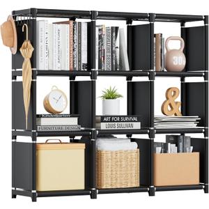 Mavivegue Book Shelf, 9 Cube Storage Organizer, DIY Bookcase, Metal Cube Bookshelf, Tall Book case for Bedroom, Living Room,Office, Closet Storage Organizer, Black Cubicle Storage Rack (9-Grid)