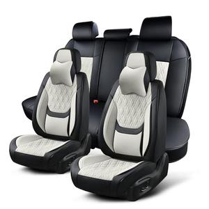 TINRAIYANG Car Seat Covers Full Set, Breathable Leather Automotive Front and Rear Seat Covers & Headrest, Universal Automotive Vehicle Seat Cover for Most Sedan SUV Pick-up Trucks, Black&Beige
