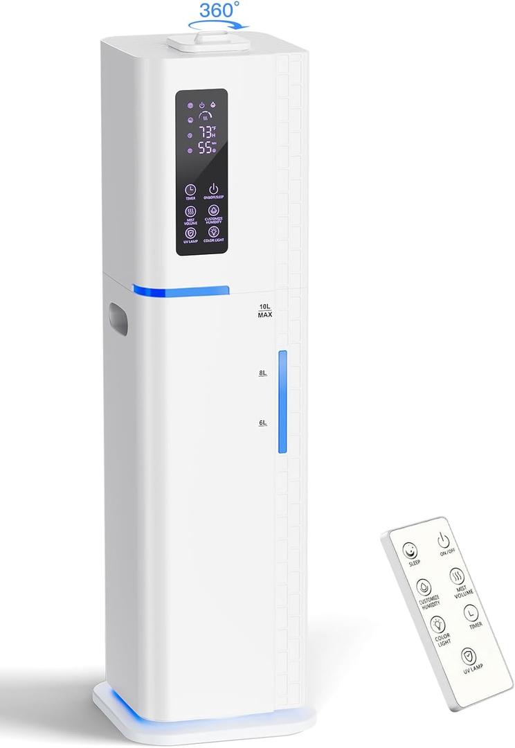 10L/2.64Gal Humidifiers for Bedroom, Top Fill Quiet Ultrasonic Cool Mist Humidifier Large Room, Covers 550ft, 60H Runtime, 24H Timer, 3 Mist Modes Humidifiers for Home, Office, Plants, White