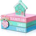 Yookeer 4 Pieces Pastel Christmas Gingerbread House Tiered Tray Decor Mini Wood Book Stacks Table Decorations Pastel Candy Wooden Book Table Sign for Christmas Home Room Mantle Fireplace Shelf