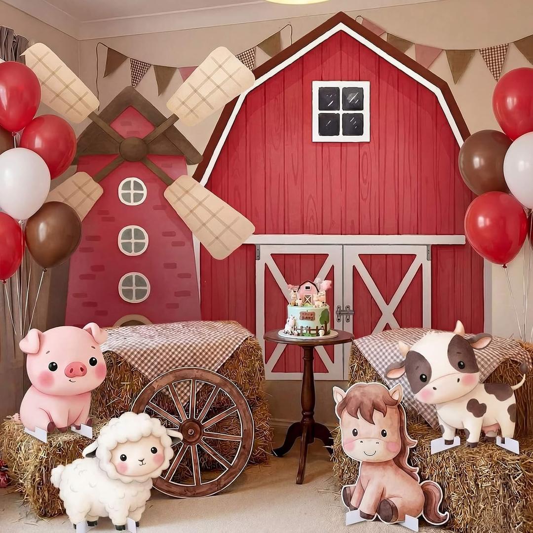 Leinuosen Large Farm Animal Backdrop Party Decorations Red Barn and Windmill Photo Backgrounds with Farm Animal Stand-ups, Straw Boxes for Girls Boys Birthday Photography Baby Shower Party Decor