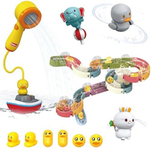 Mostop Toddler Bath Toys for Kids 4-8, Wall Track Buiding Set - Baby Bathtub Toys with Shower Head - Duck Slide Bath Toys - Fun DIY Wall Track Building Set Bathtub Birthday Gift for Boys Girls