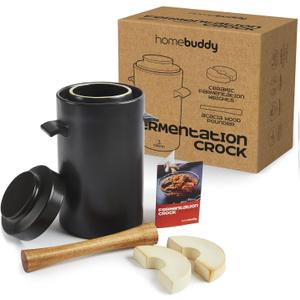 HomeBuddy Fermentation Crock (1 Gallon) with Weights, Acacia Wood Pounder and Recipie Book - Sauerkraut Fermentation Kit, Onggi Kimchi Jar, Fermenting Crock for Pickling or Sourdough (Black)