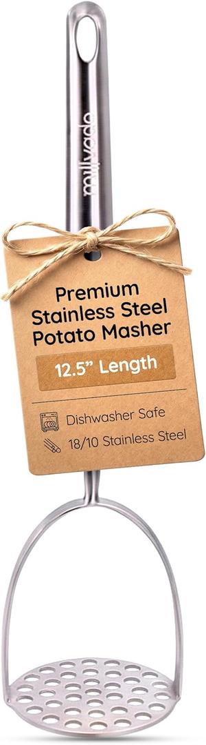 Millvado Potato Masher Stainless Steel, Best Mashed Potatoes Masher Kitchen Tool, Potato Smasher For Potatoe, Avocado, Sweet Potato, Beans, Large Heavy Duty Metal Mashing Utensil, 12.5 Inch